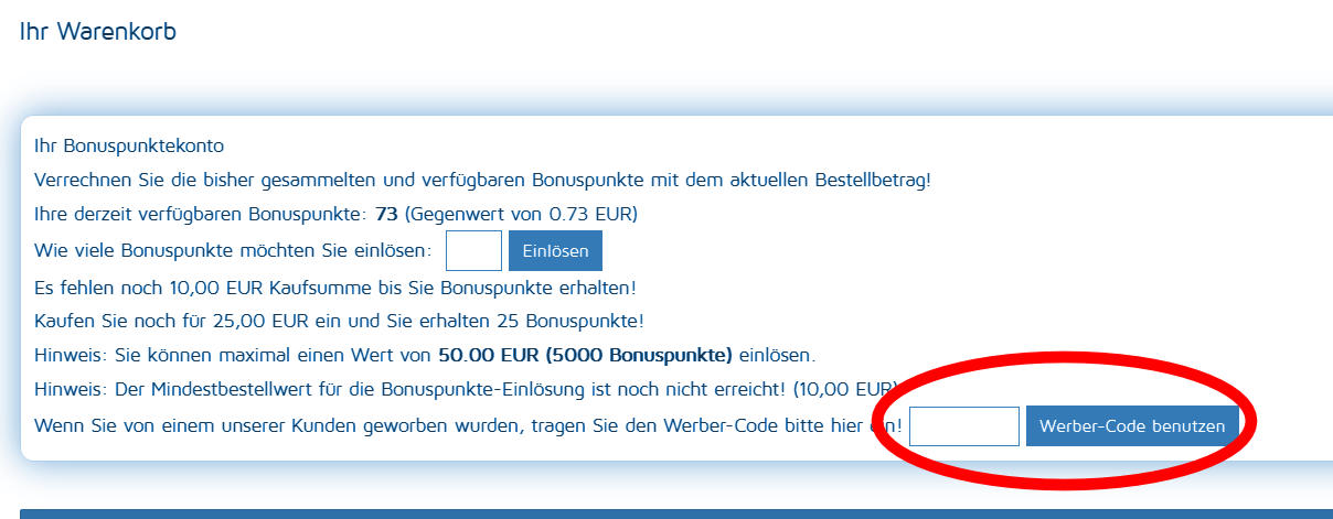 Eingabefeld für den Werbercode