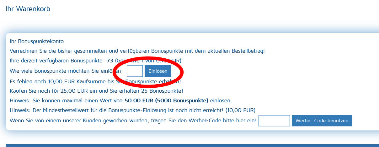 Feld zur Einlösung von Bonuspunkten